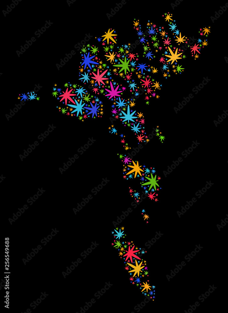 Bright vector marijuana Faroe Islands map mosaic on a black background. Concept with bright herbal leaves for cannabis legalize campaign. Vector Faroe Islands map is organized with marijuana leaves.