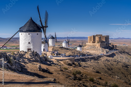 Consuegra castle and windmills aerial view with blue sky in La Mancha Spain famous Don Quixote site