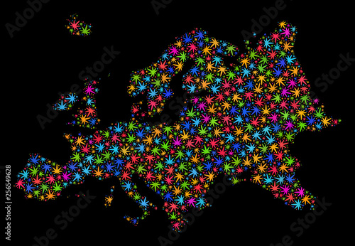 Bright vector cannabis Europe map mosaic on a black background. Template with colored weed leaves for cannabis legalize campaign. Vector Europe map is organized with weed leaves.