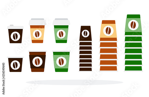 Plastic and paper cups large and small sizes for coffee vector flat isolated