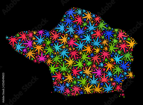 Bright vector cannabis Faial Island map collage on a black background. Concept with bright herbal leaves for cannabis legalize campaign. Vector Faial Island map is designed with herbal leaves.