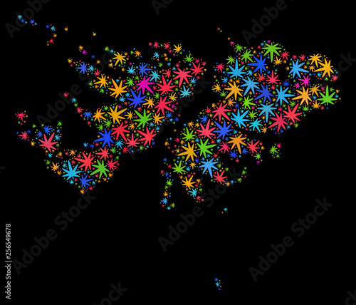 Bright vector marijuana Falkland Islands map mosaic on a black background. Concept with bright herbal leaves for cannabis legalize campaign. Vector Falkland Islands map is formed with cannabis leaves.