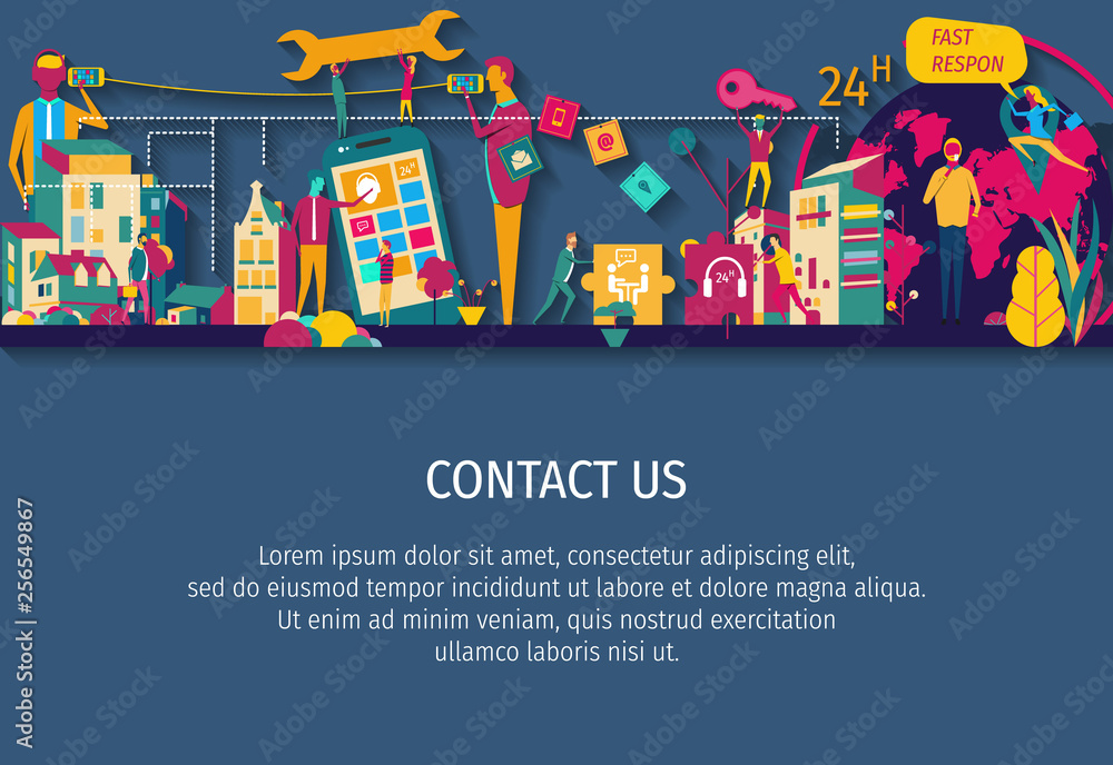 Contact Us - Services center vector illustration.  Call center support team.