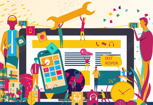Contact Us - Services center vector illustration.  Call center support team.