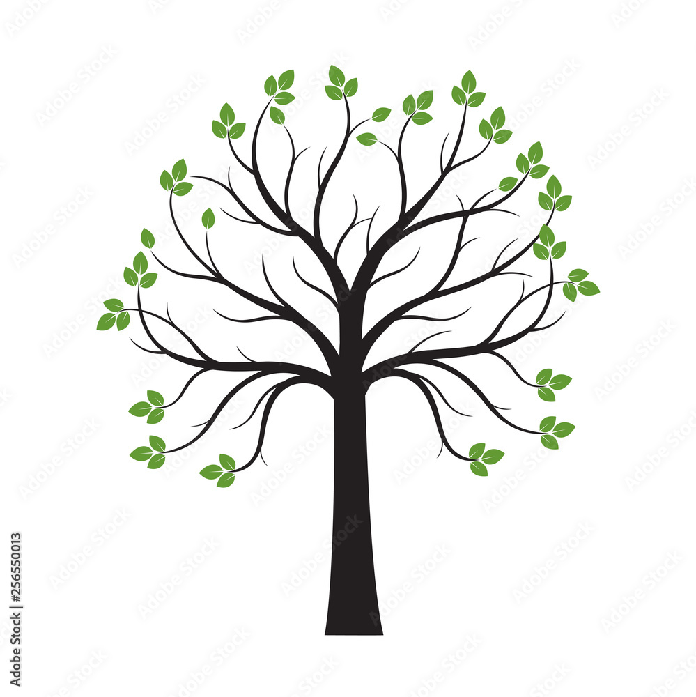 Black Tree with Green Leaves on white background. Vector Illustration. Black Tree with Green Leaves on white background. Vector Illustration.