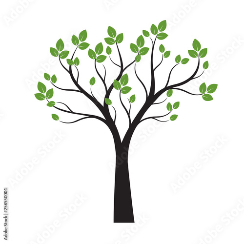 Black Tree with Green Leaves on white background. Vector Illustration.