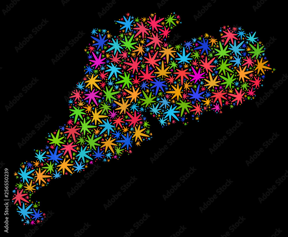 Bright vector cannabis Guangdong Province map collage on a black background. Template with bright weed leaves for cannabis legalize campaign.