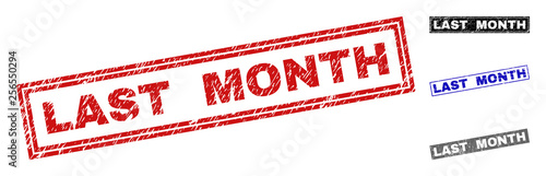 Grunge LAST MONTH rectangle stamp seals isolated on a white background. Rectangular seals with grunge texture in red, blue, black and gray colors.