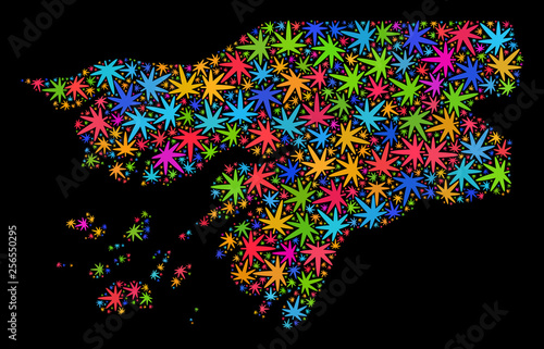 Bright vector marijuana Guinea-Bissau map collage on a black background. Template with colorful herbal leaves for marijuana legalize campaign.