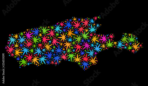 Bright vector marijuana Kangaroo Island map collage on a black background. Template with multi-colored herbal leaves for marijuana legalize campaign.