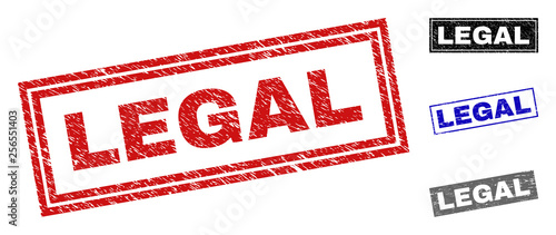 Grunge LEGAL rectangle stamp seals isolated on a white background. Rectangular seals with grunge texture in red, blue, black and grey colors.
