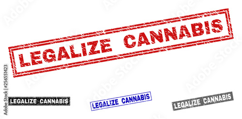 Grunge LEGALIZE CANNABIS rectangle stamp seals isolated on a white background. Rectangular seals with distress texture in red, blue, black and gray colors.