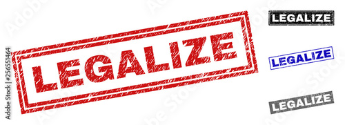 Grunge LEGALIZE rectangle stamp seals isolated on a white background. Rectangular seals with grunge texture in red, blue, black and grey colors.