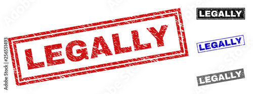 Grunge LEGALLY rectangle stamp seals isolated on a white background. Rectangular seals with grunge texture in red, blue, black and grey colors.
