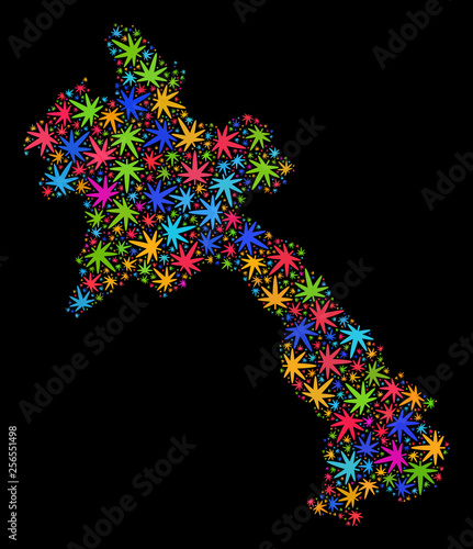 Bright vector marijuana Laos map collage on a black background. Concept with bright weed leaves for marijuana legalize campaign. Vector Laos map is organized from marijuana leaves.