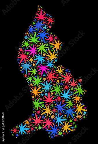 Bright vector marijuana Liechtenstein map collage on a black background. Template with colored herbal leaves for weed legalize campaign. Vector Liechtenstein map is designed with weed leaves.