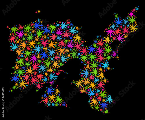 Bright vector marijuana Limnos Island map mosaic on a black background. Template with bright weed leaves for cannabis legalize campaign. Vector Limnos Island map is organized from marijuana leaves.