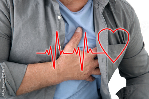 Senior man having heart attack, closeup