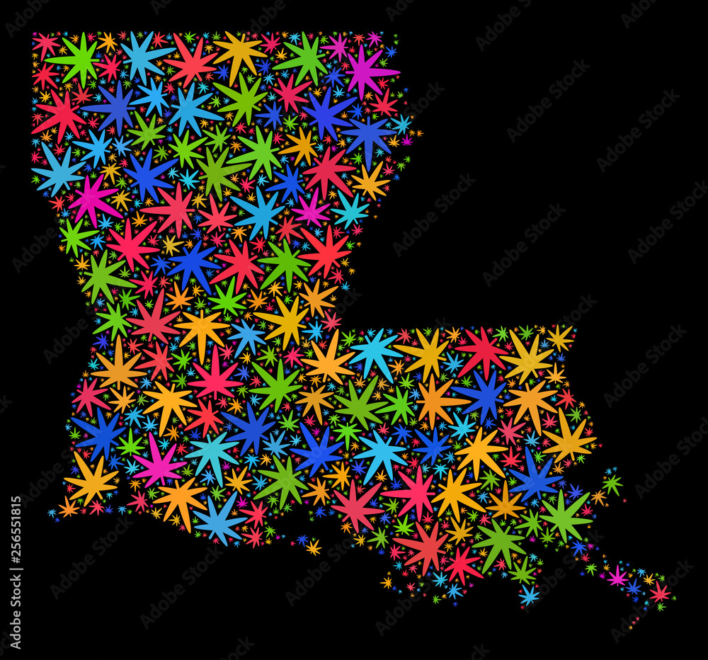 Bright vector marijuana Louisiana State map collage on a black background. Concept with psychedelic herbal leaves for marijuana legalize campaign.
