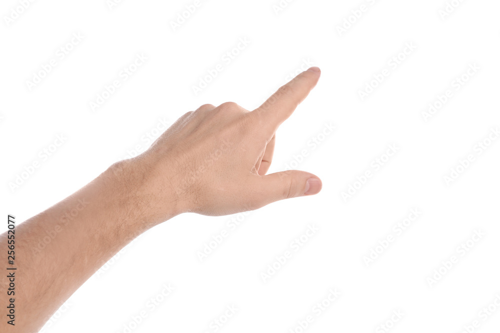 Man pointing at something on white background, closeup of hand Man pointing at something on white background, closeup of hand