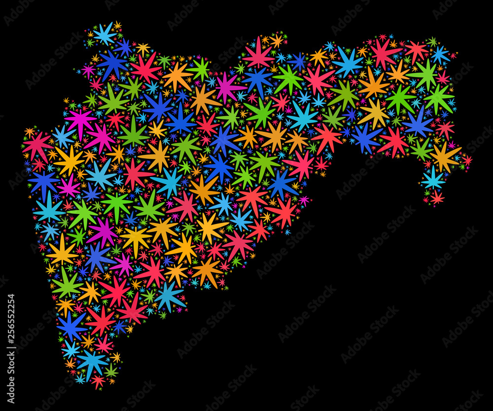 Bright vector marijuana Maharashtra State map collage on a black background. Template with psychedelic herbal leaves for weed legalize campaign.