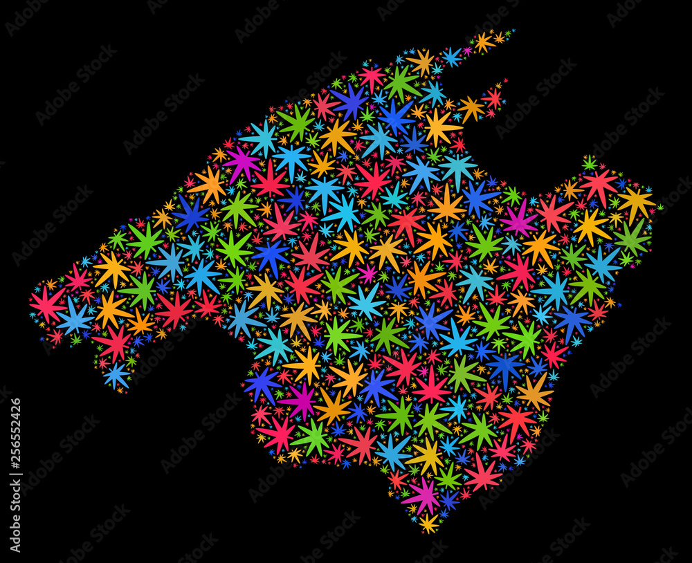 Bright vector marijuana Mallorca map mosaic on a black background. Template with bright weed leaves for weed legalize campaign. Vector Mallorca map is composed with herbal leaves.