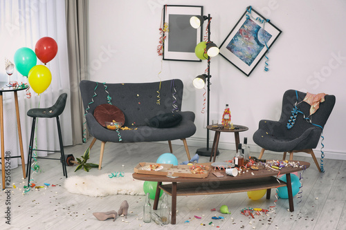 Photography Messy living room interior. After party chaos