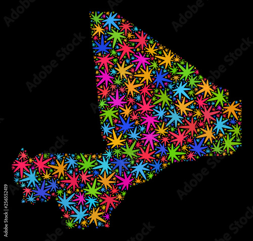 Bright vector marijuana Mali map collage on a black background. Concept with multi-colored weed leaves for marijuana legalize campaign. Vector Mali map is organized of weed leaves.