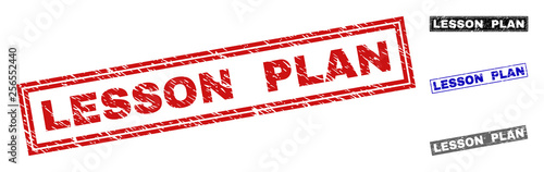 Grunge LESSON PLAN rectangle stamp seals isolated on a white background. Rectangular seals with grunge texture in red, blue, black and grey colors.