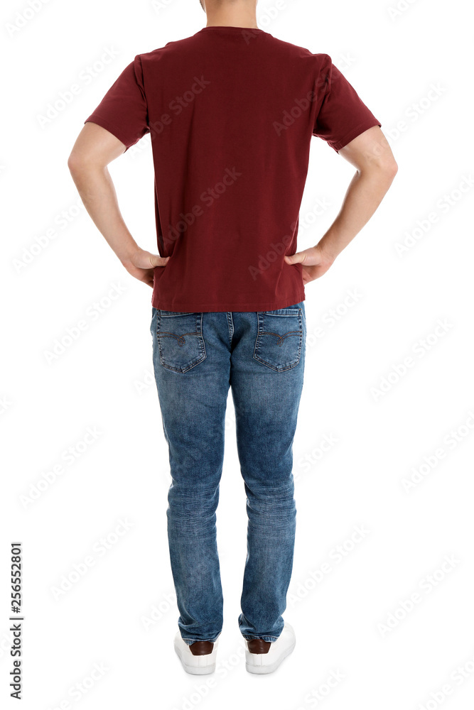 Young man on white background, closeup. Weight loss Young man on white background, closeup. Weight loss