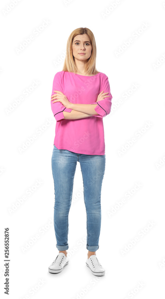 Fototapeta premium Full length portrait of beautiful woman posing on white background