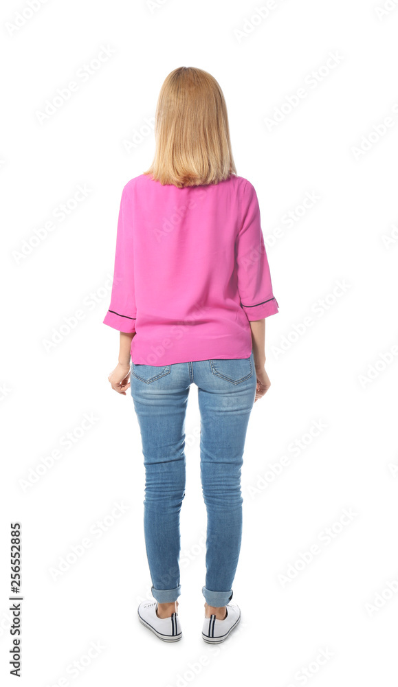 Woman in casual clothes posing on white background Woman in casual clothes posing on white background