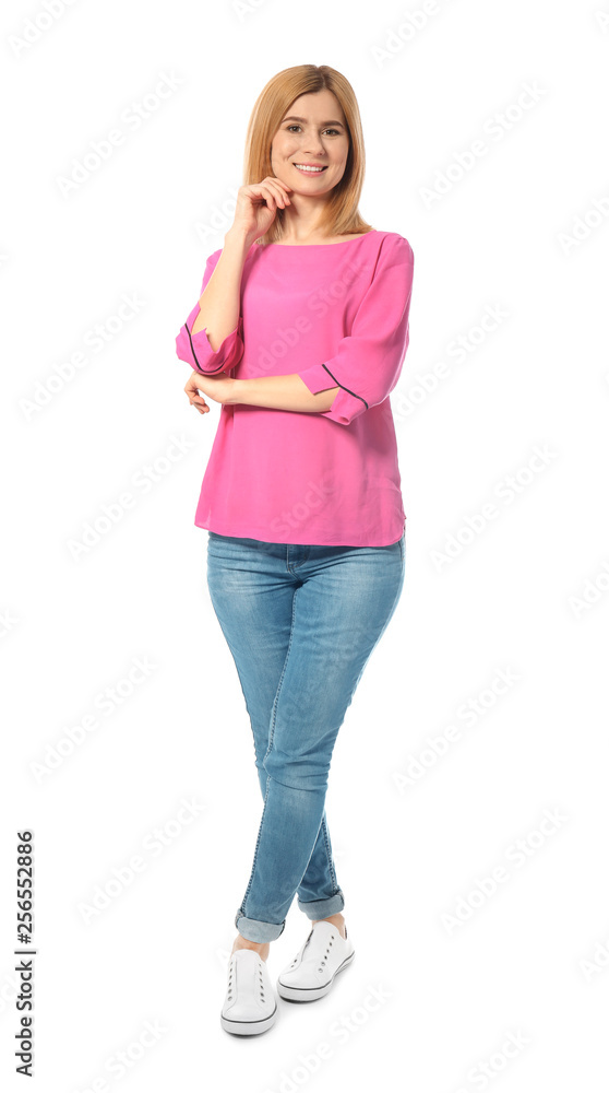 Full length portrait of beautiful woman posing on white background Full length portrait of beautiful woman posing on white background
