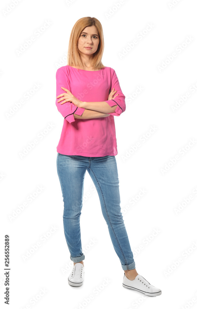 Full length portrait of beautiful woman posing on white background Full length portrait of beautiful woman posing on white background