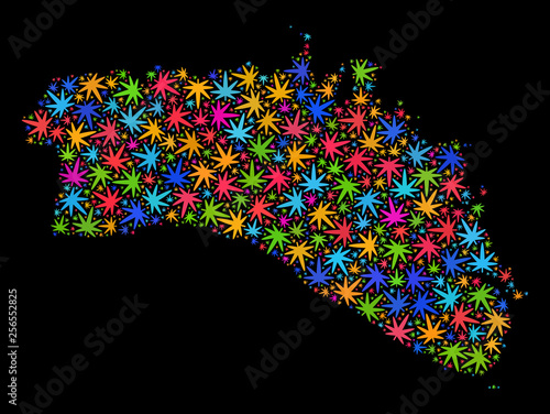 Bright vector cannabis Menorca Island map collage on a black background. Concept with bright weed leaves for cannabis legalize campaign. Vector Menorca Island map is created of cannabis leaves.