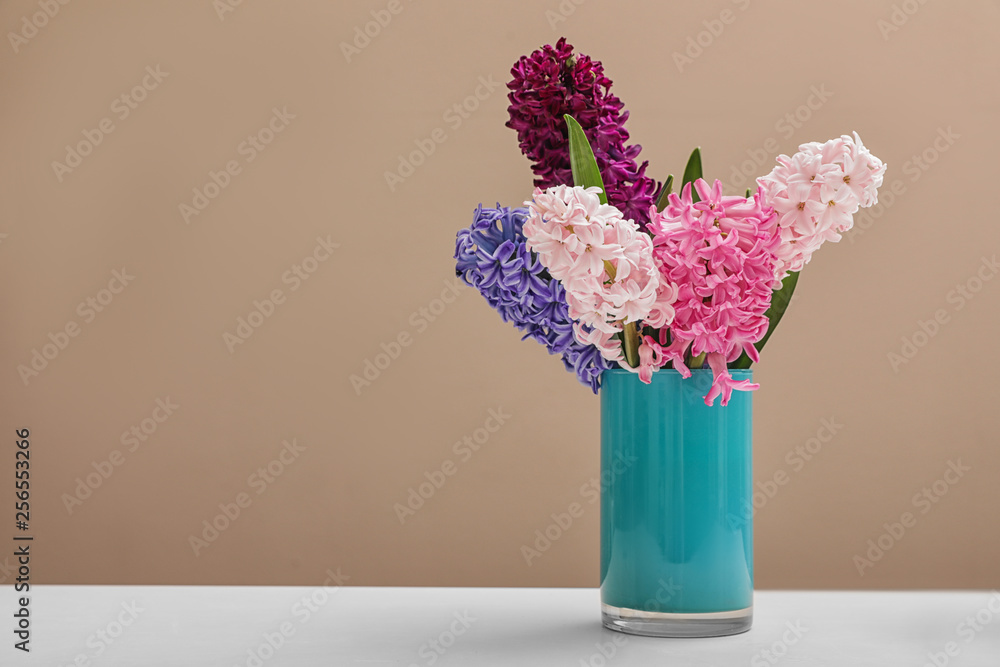 Beautiful hyacinths in blue vase on table against color background, space for text. Spring flowers