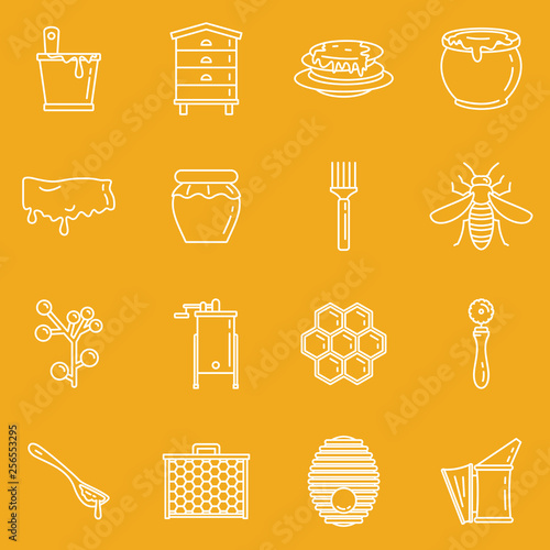 Honey apiary vector outline object collection. Vector set of natural honey and hive of bee insect isolated on yellow background photo