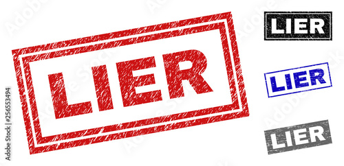 Grunge LIER rectangle stamp seals isolated on a white background. Rectangular seals with grunge texture in red, blue, black and grey colors.