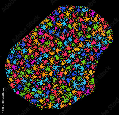 Bright vector marijuana Nauru map collage on a black background. Concept with bright weed leaves for marijuana legalize campaign. Vector Nauru map is created of ganja leaves.