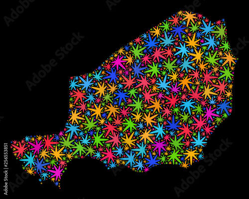 Bright vector cannabis Niger map mosaic on a black background. Template with colored herbal leaves for cannabis legalize campaign. Vector Niger map is designed of cannabis leaves.