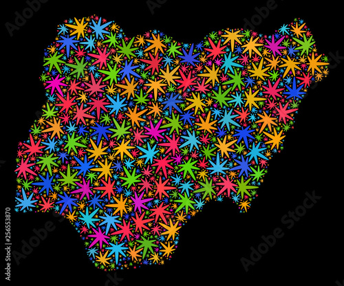Bright vector marijuana Nigeria map mosaic on a black background. Template with multi-colored weed leaves for weed legalize campaign. Vector Nigeria map is constructed with ganja leaves.