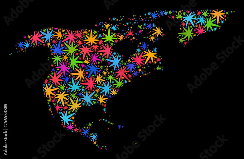 Bright vector marijuana North America and Greenland map mosaic on a black background. Template with colorful herbal leaves for weed legalize campaign.