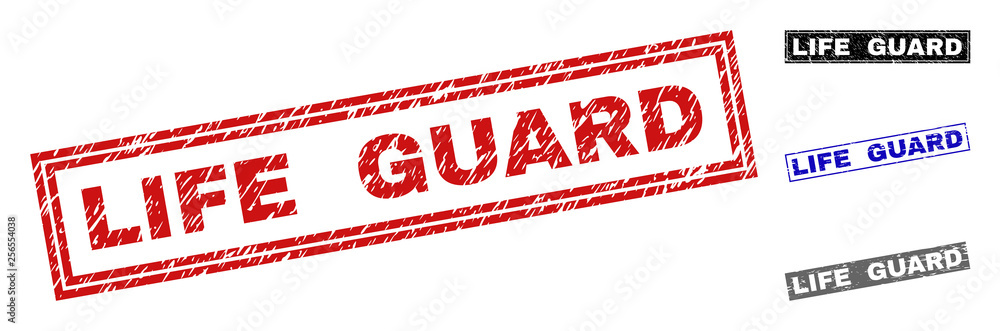 Grunge LIFE GUARD rectangle stamp seals isolated on a white background. Rectangular seals with grunge texture in red, blue, black and grey colors. Grunge LIFE GUARD rectangle stamp seals isolated on a white background. Rectangular seals with grunge texture in red, blue, black and grey colors.