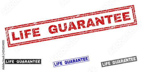 Grunge LIFE GUARANTEE rectangle stamp seals isolated on a white background. Rectangular seals with grunge texture in red, blue, black and grey colors.