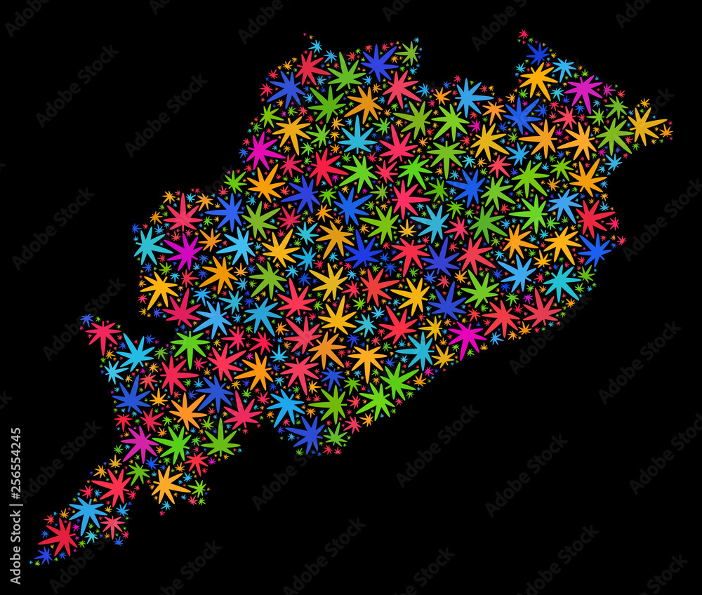 Bright vector marijuana Odisha State map mosaic on a black background. Template with bright weed leaves for marijuana legalize campaign. Vector Odisha State map is composed of marijuana leaves.