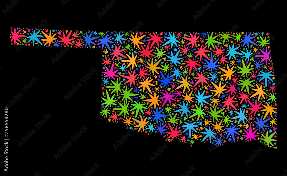 Bright vector cannabis Oklahoma State map collage on a black background ...