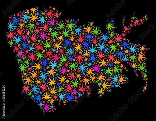 Bright vector cannabis Nuku Hiva Island map collage on a black background. Template with bright herbal leaves for weed legalize campaign. Vector Nuku Hiva Island map is composed with weed leaves.