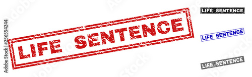 Grunge LIFE SENTENCE rectangle stamp seals isolated on a white background. Rectangular seals with grunge texture in red, blue, black and gray colors.