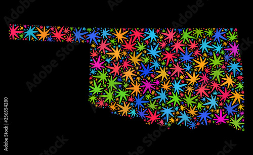 Bright vector cannabis Oklahoma State map collage on a black background. Concept with psychedelic weed leaves for cannabis legalize campaign. Vector Oklahoma State map is organized with weed leaves.