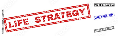 Grunge LIFE STRATEGY rectangle stamp seals isolated on a white background. Rectangular seals with distress texture in red, blue, black and gray colors.
